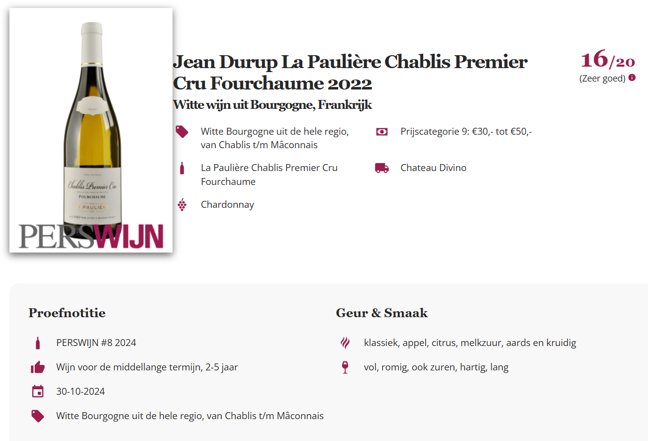 PW Fourchaume 2022 Durup La Pauliere - Chablis Premier Cru Fourchaume 2022 - Afbeelding 2